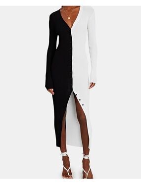 STAUD Black and White Long-Sleeve Button-Front Ribbed Maxi Dress